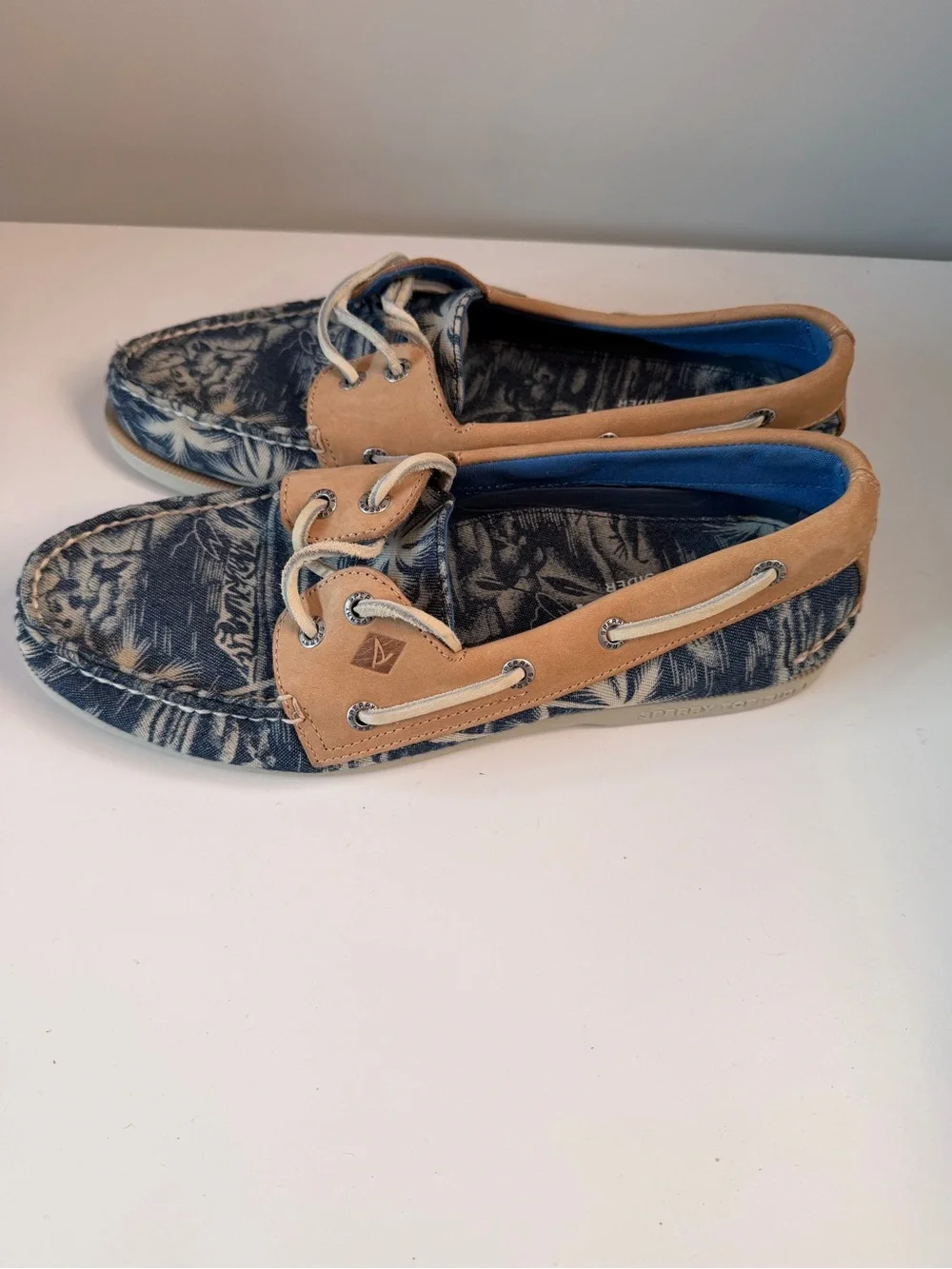 Sperry Navy Floral Canvas Boat Shoes with Tan Trim